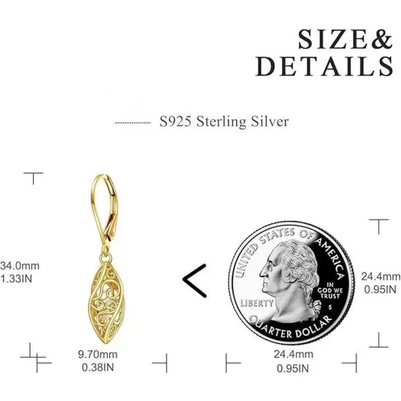 925 Sterling Filigree Vintage Dangle Drop Leverback Earrings for Women - Picture 5 of 5